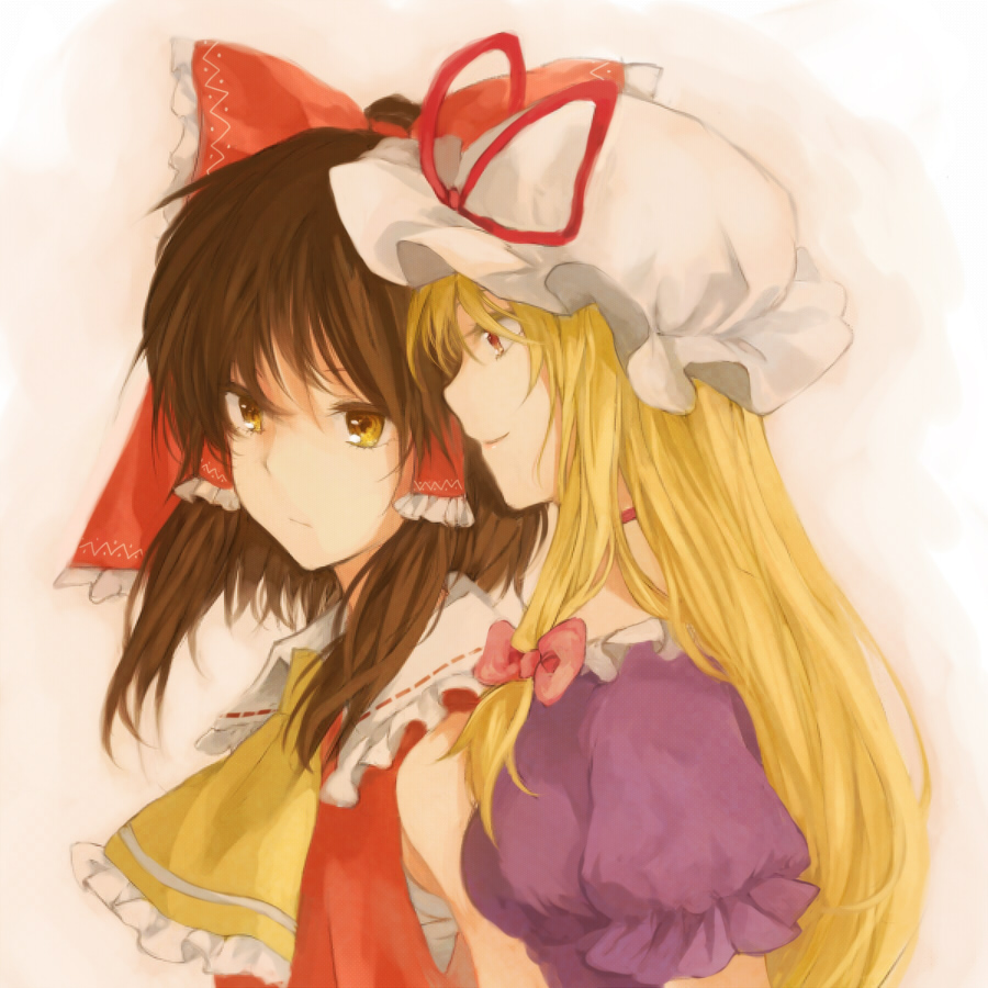 bad_id blonde_hair bow brown_hair hair_bow hakurei_reimu hat kutsushita multiple_girls red_eyes sarashi touhou yakumo_yukari yellow_eyes