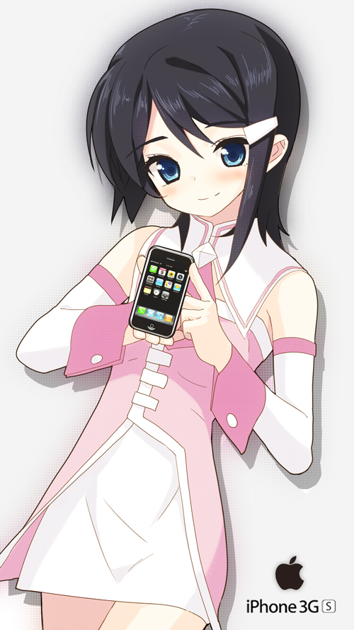 1girl black_hair cute_&amp;_girly_(idolmaster) detached_sleeves idolmaster idolmaster_dearly_stars iphone mizutani_eri phone product_placement runa_runa short_hair tsukigami_runa