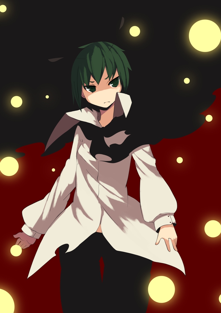 androgynous antenna antennae bad_id cape fuurin_(omaemona) green_eyes green_hair reverse_trap short_hair solo touhou wriggle_nightbug