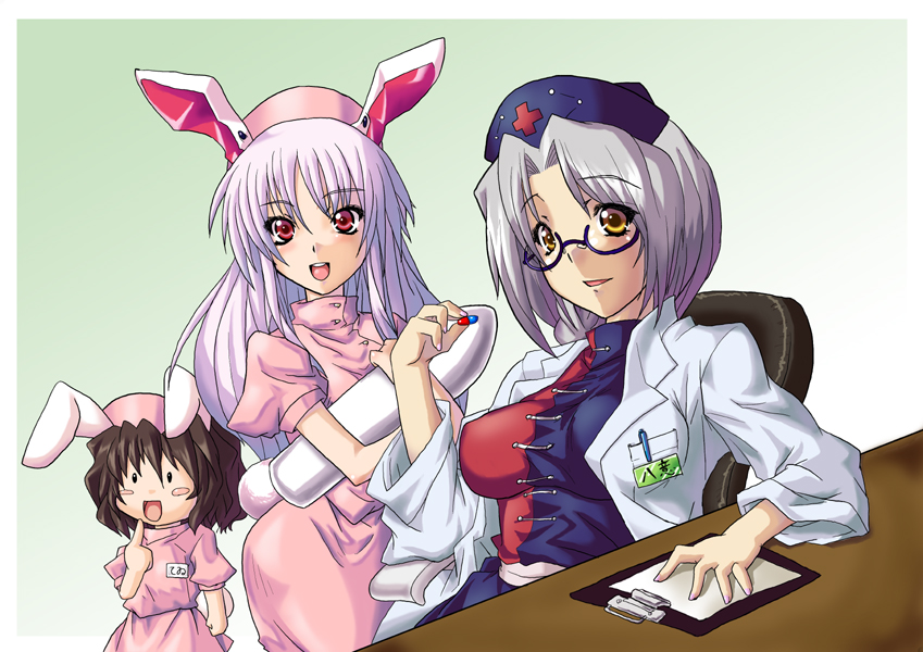 bespectacled bunny_ears chibi glasses hat inaba_tewi nurse rabbit_ears reisen_udongein_inaba ta_ki touhou yagokoro_eirin