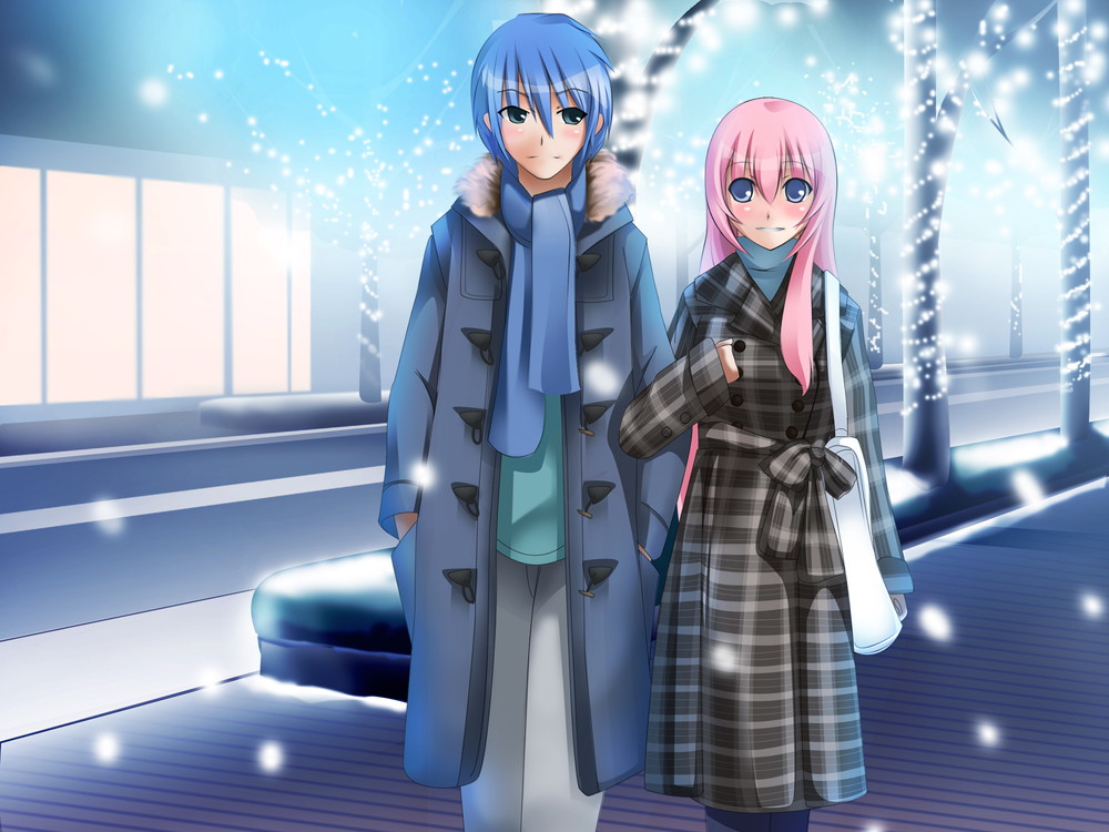 1boy 1girl bad_id bag blue_eyes blue_hair blush coat couple hetero kaito long_hair megurine_luka pink_hair scarf short_hair smile snow vocaloid yakitori_(oni)