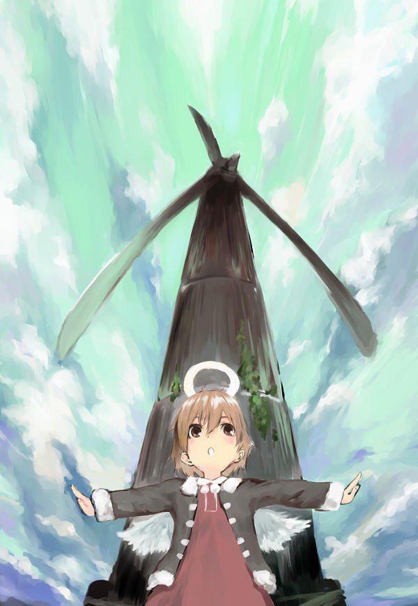 brown_hair cloud clouds coat from_below haibane_renmei halo outstretched_arms rakka short_hair sky spread_arms u u_(the_unko) wind_turbine windmill wings young