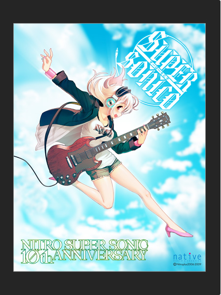 1girl blush character_name eyes guitar headphones high_heels instrument jacket long_hair nail_polish nitroplus open_mouth pink_hair red sg shorts sky smile solo super_sonico