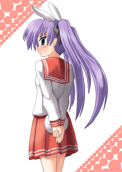 blue_eyes blush bunny_ears bunny_tail hiiragi_kagami long_hair looking_back lucky_star purple_hair rabbit_ears school_uniform serafuku tail twintails yoruuma