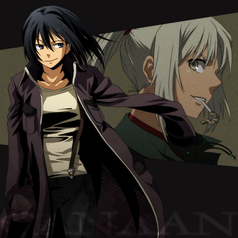 428 alphard amputee androgynous black_hair brown_eyes canaan canaan_(character) coat jacket mouth_hold multiple_girls ponytail rex_k spoilers suspenders white_hair