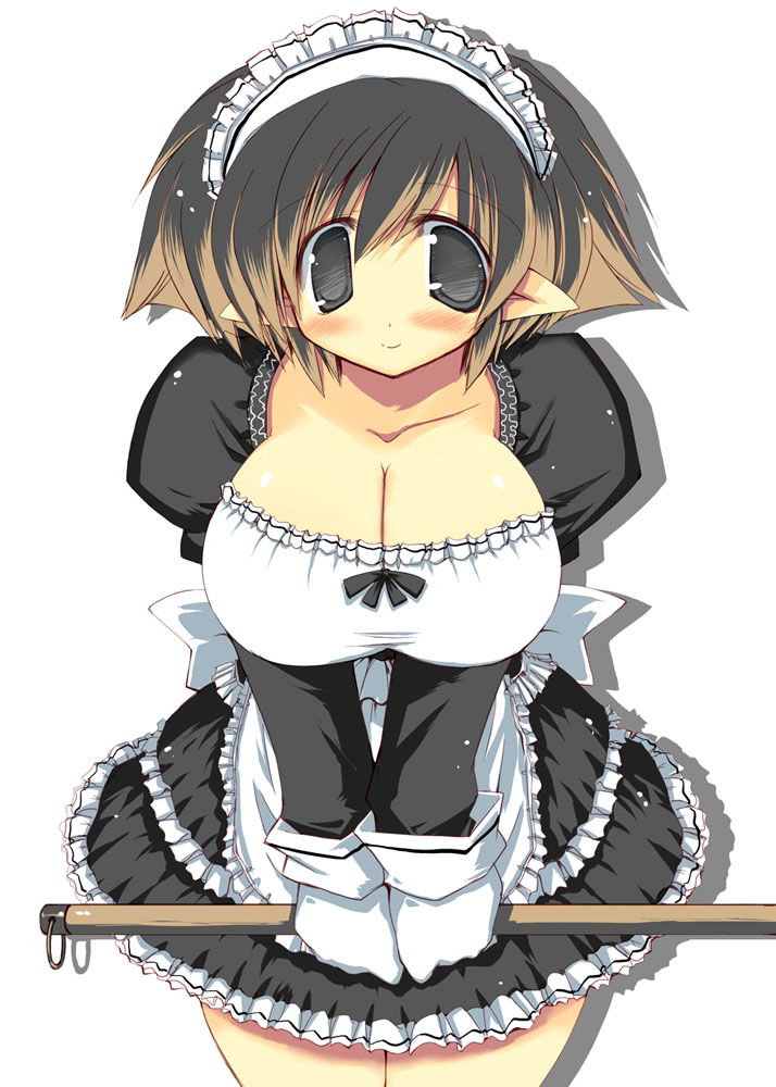 1girl blush breasts brown_hair cleavage grey_eyes holding holding_stick huge_breasts large_breasts looking_at_viewer maid maid_uniform original pointy_ears sakaki_(artist) sakaki_(noi-gren) short_hair smile solo