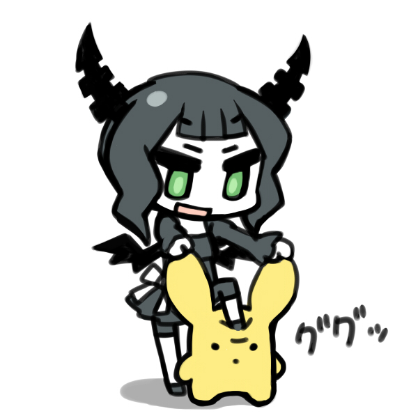 black_hair bow capri_pants chan_co chibi dead_master green_eyes horns open_mouth original short_hair simple_background solo white white_skin wings wooser_(character)