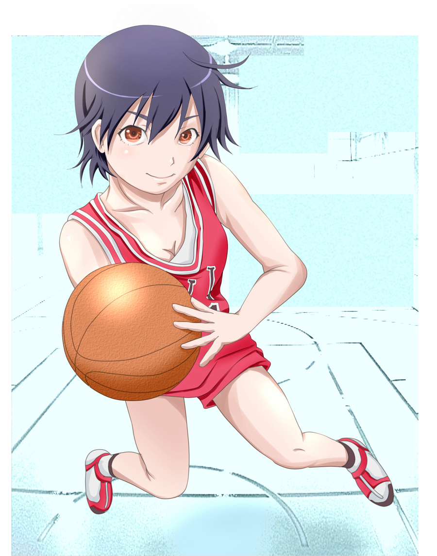 bakemonogatari ball basketball basketball_uniform kanbaru_suruga monogatari_(series) short_hair sportswear tyamag