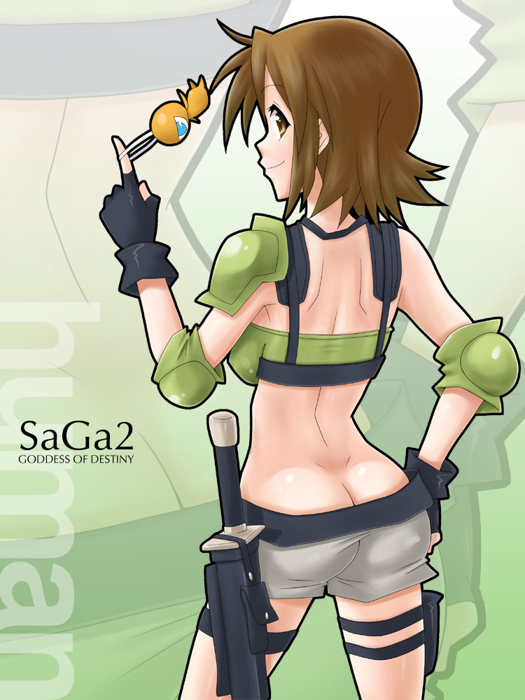 ass brown_eyes brown_hair butt_crack cosplay elbow_pads erect_nipples eunos fingerless_gloves from_behind gloves hiiragi_matsuri human_(saga_2) looking_back lucky_star saga saga_2 sheath sheathed short_hair shorts shoulder_pads sword teacher_(saga_2) thigh_strap title_drop weapon