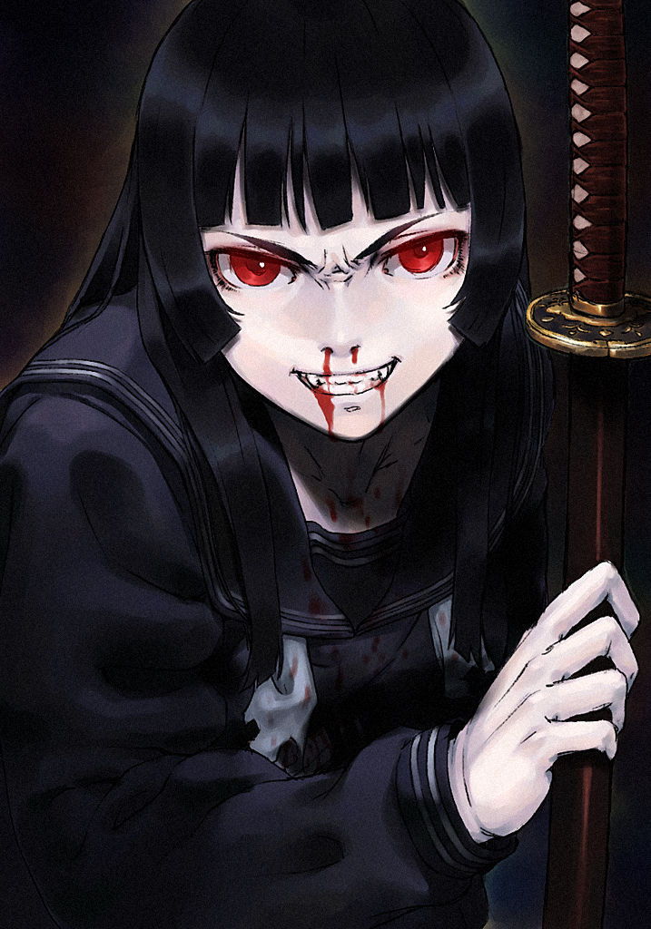 black_hair blood blunt_bangs cozy evil_grin evil_smile fings grin hands hime_cut nosebleed original red_eyes school_uniform serafuku sheath sheathed smile solo sword weapon