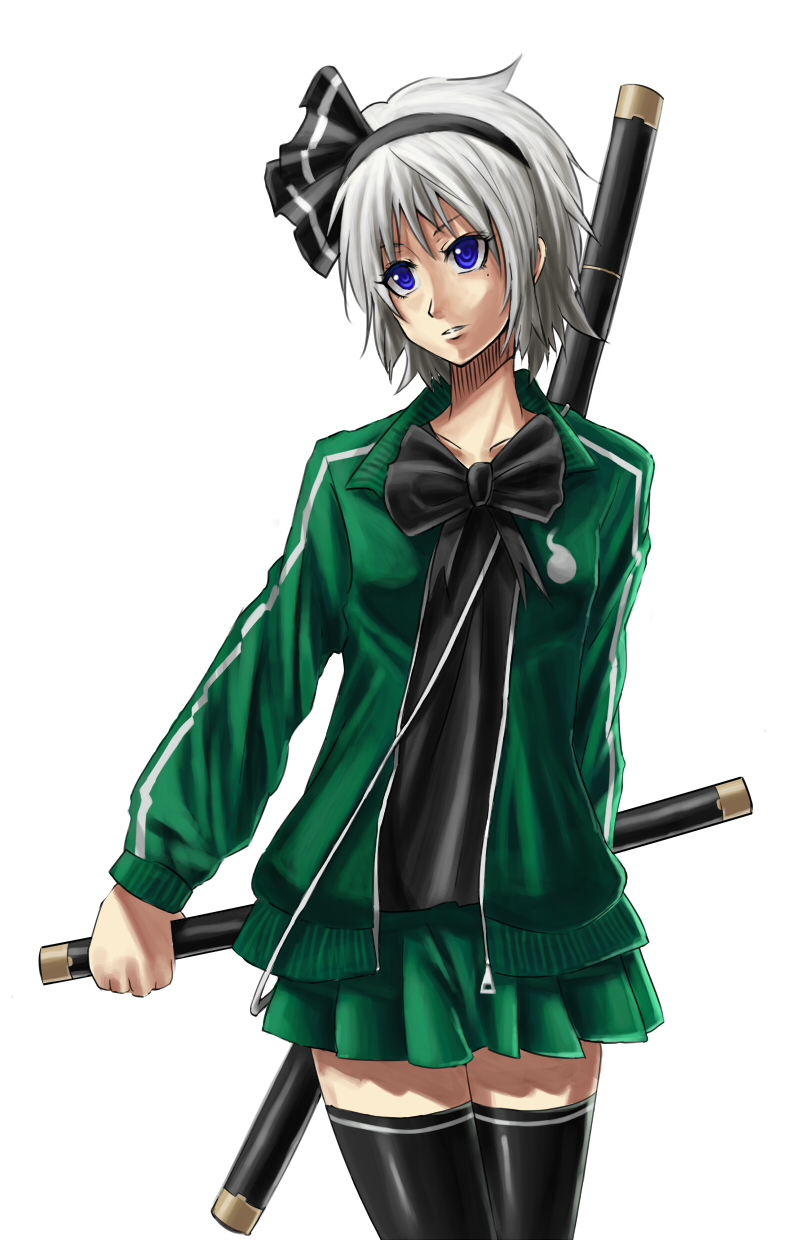 blue_eyes bob_cut bokuden hairband highres konpaku_youmu mole sheath sheathed short_hair silver_hair skirt thigh-highs thighhighs touhou zettai_ryouiki