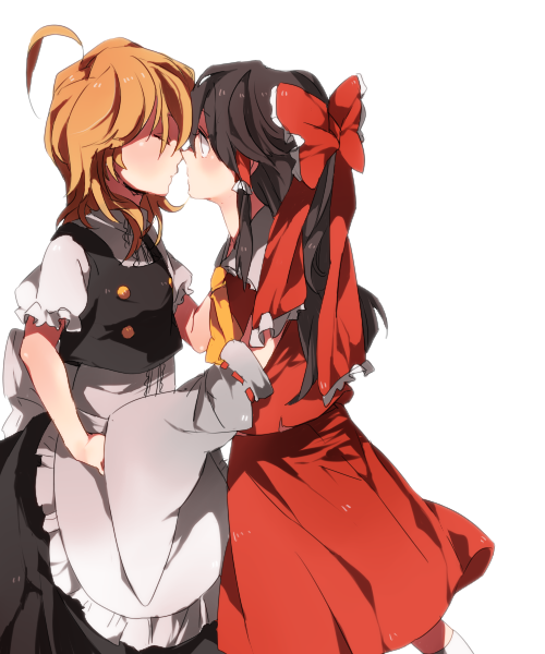 ahoge bad_id black_hair blonde_hair blush bow closed_eyes detached_sleeves hair_bow hakurei_reimu holding_hands incipient_kiss kirisame_marisa multiple_girls ren_(zero_second) ribbon simple_background touhou yuri