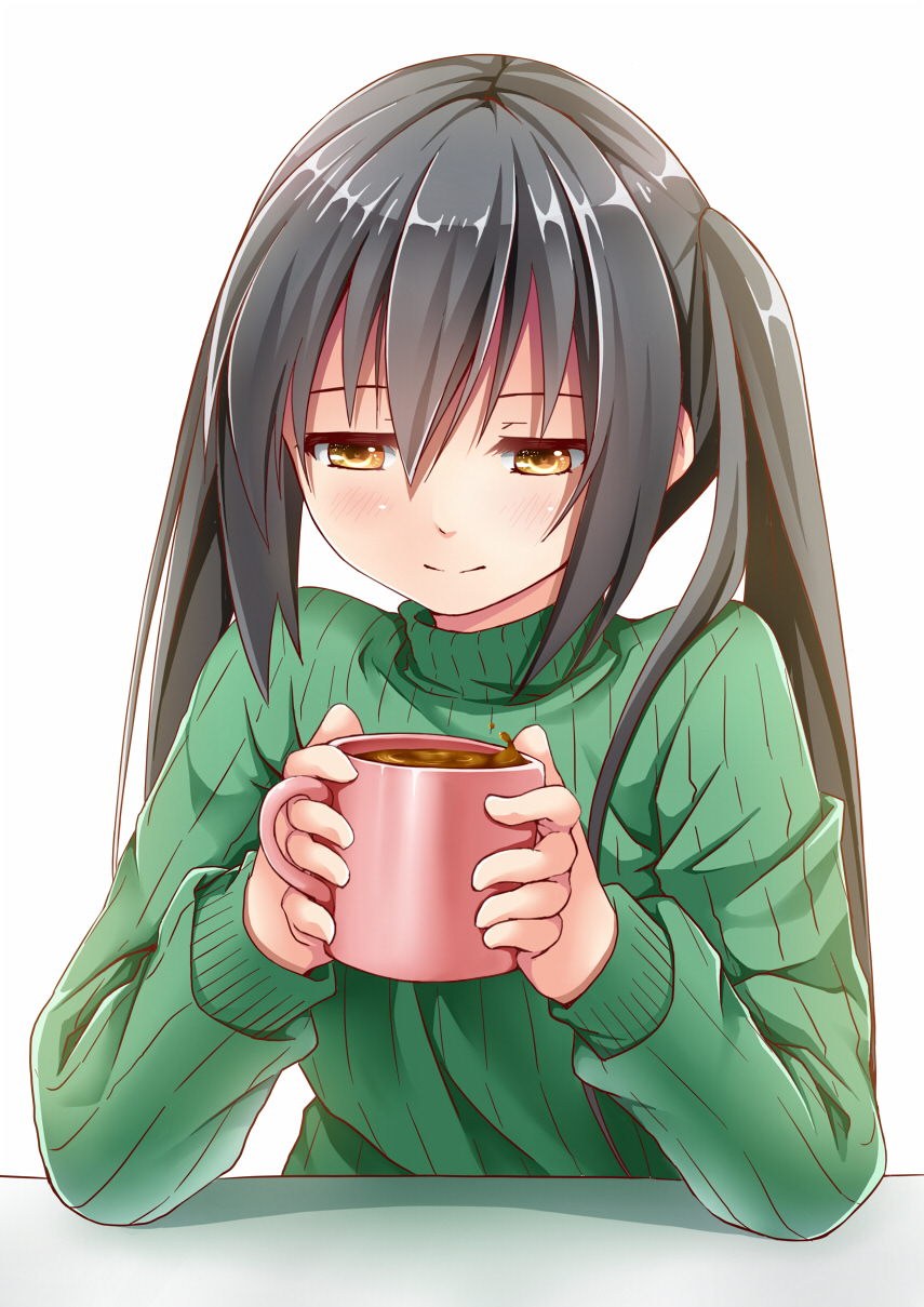 1girl black_hair brown_eyes creek_(moon-sky) cup highres k-on! long_hair mug nakano_azusa sweater twintails