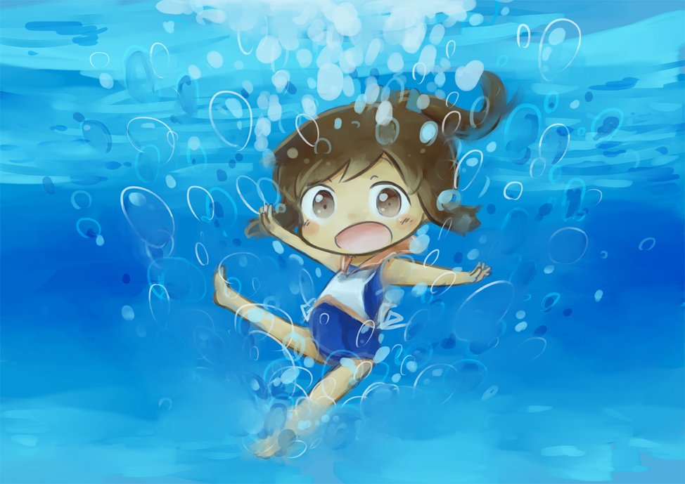 1girl :d brown_eyes brown_hair hinata_yuu i-401_(kantai_collection) in_water kantai_collection looking_at_viewer open_mouth outstretched_arms ponytail school_swimsuit school_uniform serafuku smile solo spread_arms submerged swimsuit swimsuit_under_clothes