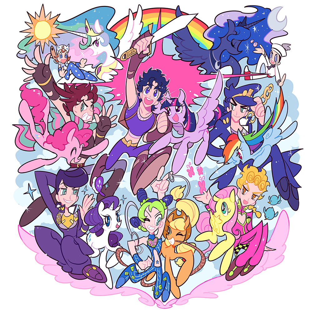 applejack celestia_(my_little_pony) colorful crossover fluttershy giorno_giovanna gyro_zeppeli higashikata_jousuke higashikata_jousuke_(jojolion) johnny_joestar jojo_no_kimyou_na_bouken jojolion jonathan_joestar joseph_joestar_(young) kuujou_jolyne kuujou_joutarou luna_(my_little_pony) mikannu my_little_pony my_little_pony_friendship_is_magic pinkie_pie rainbow_dash rarity steel_ball_run twilight_sparkle