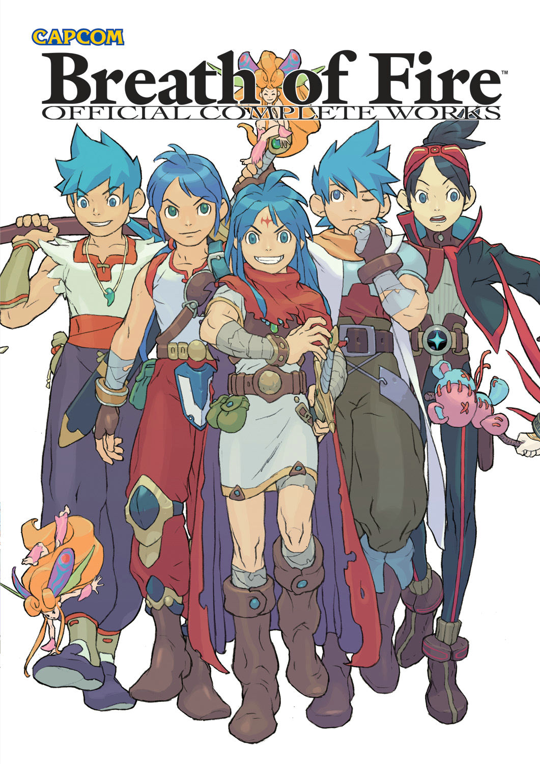 5boys black_hair blue_eyes blue_hair boots breath_of_fire breath_of_fire_v capcom cape character_request cover cover_page facial_mark fairy forehead_mark green_eyes grin highres knee_boots magatama multiple_boys official_art one_eye_closed over_shoulder ryuu_(breath_of_fire_i) sleeveless smile stuffed_animal stuffed_toy teddy_bear topknot weapon weapon_over_shoulder