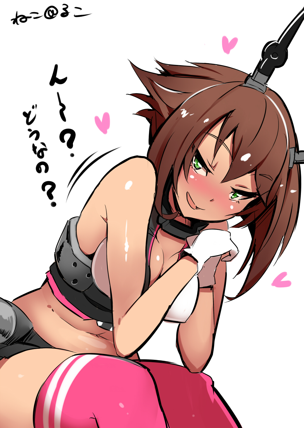 1girl blush brown_hair collar green_eyes heart highres kantai_collection mutsu_(kantai_collection) nac000 navel skirt smile socks thigh-highs translated zettai_ryouiki