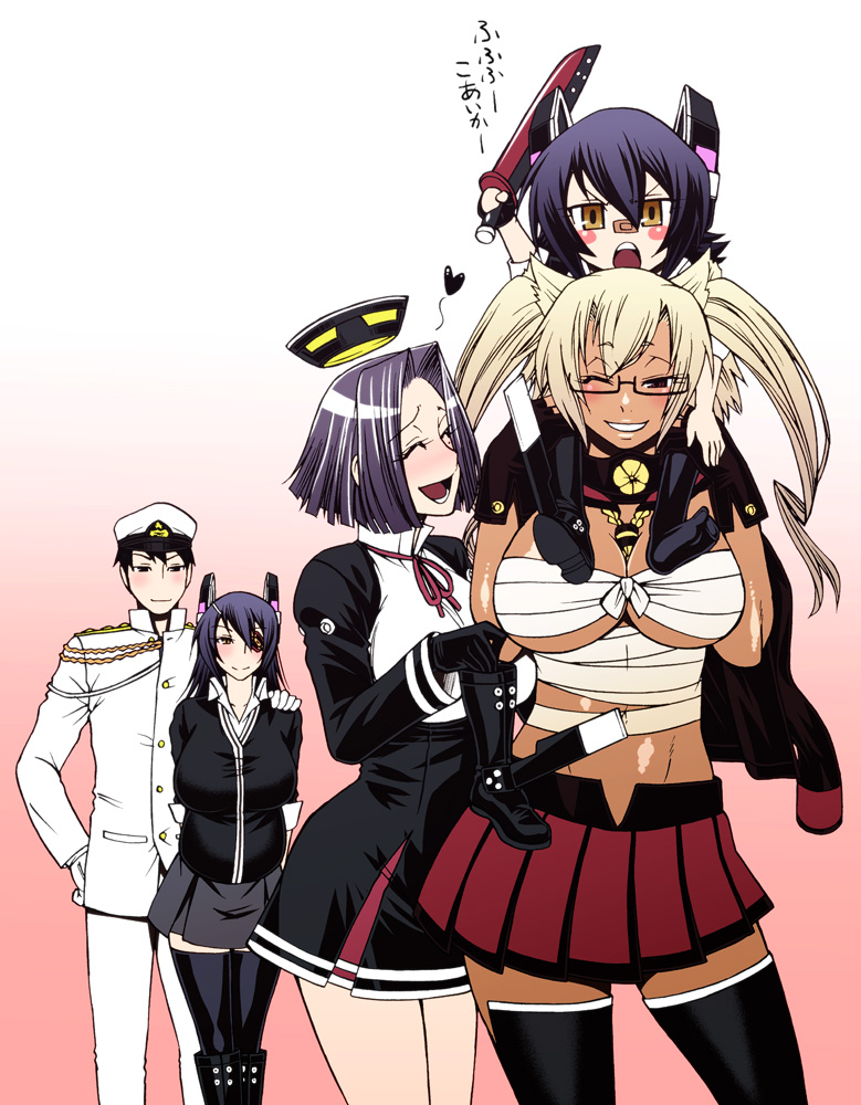 1boy 4girls admiral_(kantai_collection) arms_behind_back black_gloves black_hair black_legwear blonde_hair boots breasts carrying_over_shoulder chiba_toshirou child contrapposto cowboy_shot dark_skin eyepatch glasses gloves gradient gradient_background grin hand_on_another's_shoulder hat heart holding holding_shoes huge_breasts if_they_mated kantai_collection large_breasts looking_at_another looking_at_viewer mechanical_halo midriff military military_uniform miniskirt multiple_girls musashi_(kantai_collection) open_mouth peaked_cap piggyback pink_background pleated_skirt purple_hair red_skirt sarashi semi-rimless_glasses short_hair skirt smile sword tatsuta_(kantai_collection) tenryuu_(kantai_collection) thigh-highs twintails under-rim_glasses uniform weapon zettai_ryouiki