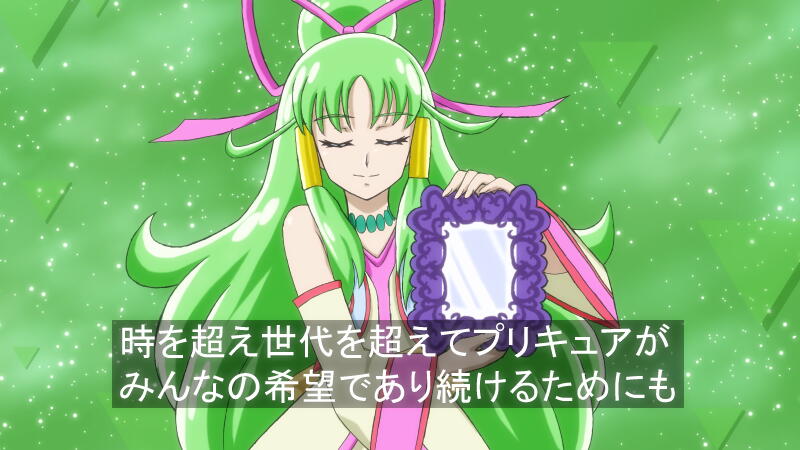 1girl bow closed_eyes cure_empress detached_sleeves dokidoki!_precure fake_screenshot green_background green_hair hair_bow hair_bun hair_tubes jewelry long_hair magical_girl mirror moritakusan necklace payot precure smile solo translation_request