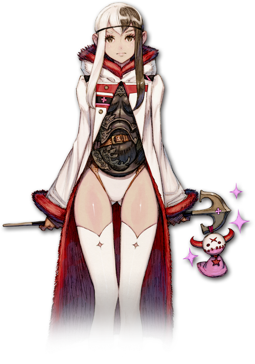 1girl amina_(terra_battle) android arms_behind_back black_hair blush breasts brown_eyes circlet coat cowboy_shot expressionless familiar flower fujisaka_kimihiko fur_trim hood knees_touching leotard long_hair long_sleeves multicolored_hair official_art payot scepter solo sparkle terra_battle thigh-highs transparent_background two-tone_hair white_hair white_legwear