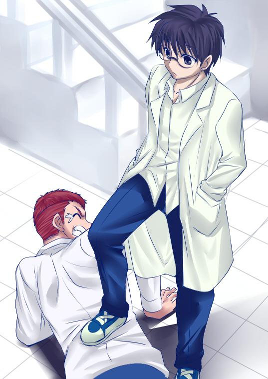 2boys black_hair clenched_teeth closed_eyes glasses hands_in_pockets inui_arihiko multiple_boys open_mouth redhead school_uniform short_hair stairs stepped_on tears toono_shiki tsukihime urako