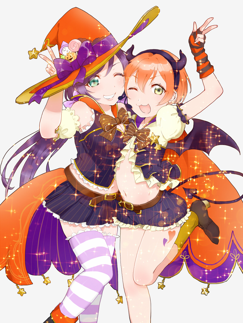 2girls :3 aqua_eyes arm_up asymmetrical_docking bat_wings breast_press breasts cleavage detached_sleeves disguise flat_chest green_eyes halloween hat hoshizora_rin large_breasts long_hair looking_at_viewer love_live!_school_idol_project matsurik miniskirt multiple_girls navel_cutout one_eye_closed open_mouth orange_hair puffy_short_sleeves puffy_sleeves purple_hair short_hair short_sleeves shorts skirt smile sparkle thigh-highs toujou_nozomi twintails v wince wings witch_hat zettai_ryouiki