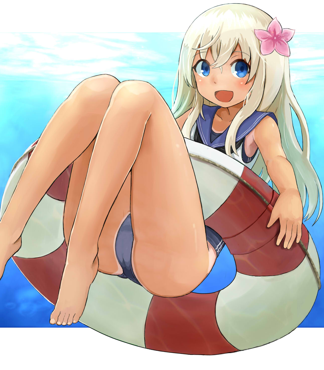 1girl :d blonde_hair blue_eyes flower hair_flower hair_ornament highres kantai_collection long_hair looking_at_viewer okitsugu open_mouth ro-500_(kantai_collection) school_swimsuit school_uniform smile solo swimsuit swimsuit_under_clothes