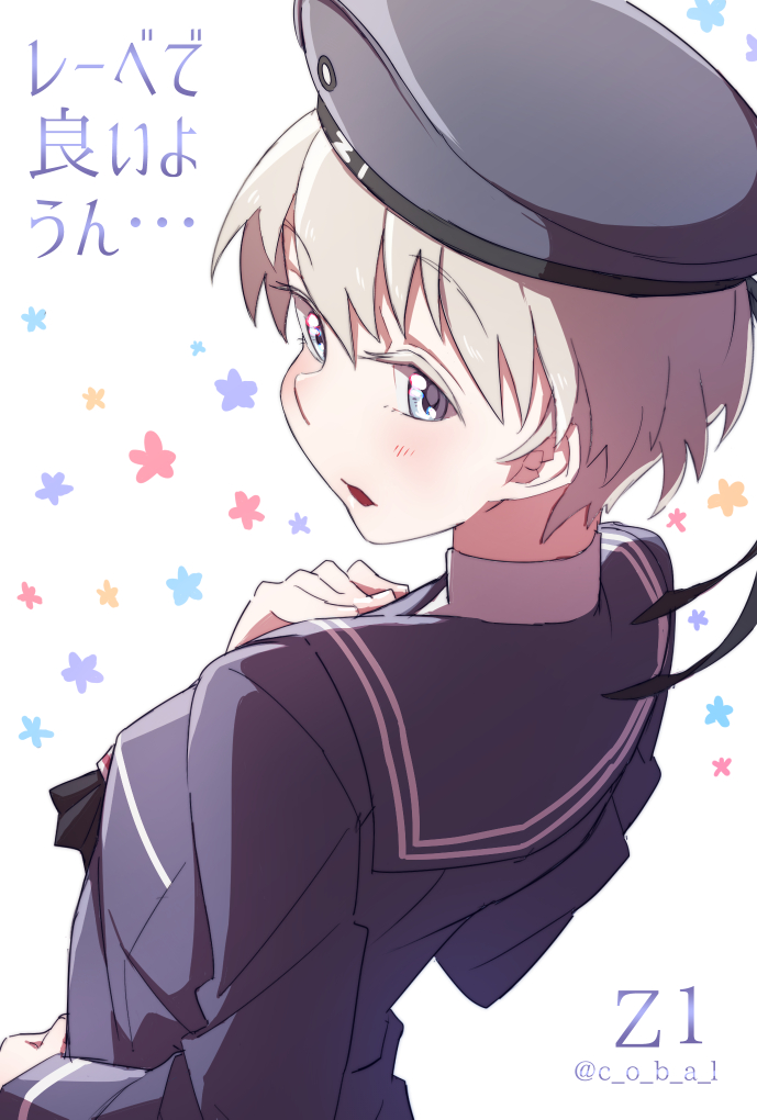 1girl blue_eyes blush character_name clothes_writing cobal colored_eyelashes floral_background flower hand_on_own_chest hat kantai_collection long_sleeves looking_back open_mouth sailor_collar sailor_hat short_hair silver_hair simple_background solo translation_request twitter_username white_background z1_leberecht_maass_(kantai_collection)