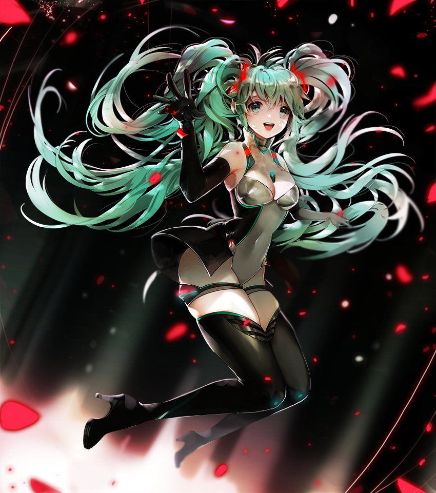 1girl boots covered_navel elbow_gloves gloves green_eyes green_hair hatsune_miku high_heels leotard long_hair open_mouth petals racequeen skindention solo thigh-highs thigh_boots twintails very_long_hair vocaloid