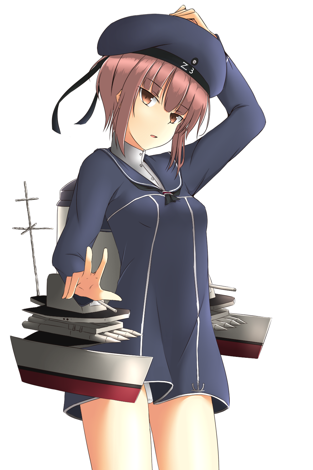 1girl auburn_hair bottomless brown_eyes brown_hair clothes_writing hand_on_headwear hat highres kantai_collection looking_at_viewer machinery neckerchief nyantaro open_mouth panties pantyshot pantyshot_(standing) payot sailor_collar sailor_hat short_hair simple_background solo standing turret underwear white_background white_panties z3_max_schultz_(kantai_collection)