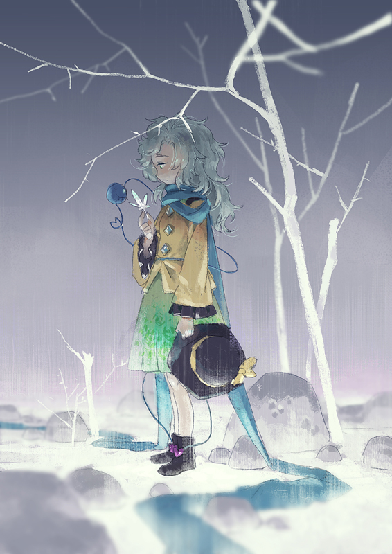 1girl adapted_costume blue_eyes bow floral_print hat hat_bow hat_removed headwear_removed heart heart_of_string komeiji_koishi long_sleeves rock scarf seeker shirt silver_hair skirt snow solo third_eye touhou tree wide_sleeves winter