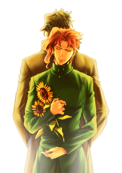 2boys back-to-back flower gakuran jojo_no_kimyou_na_bouken kakyouin_noriaki kuujou_joutarou multiple_boys redhead school_uniform sunflower yano_(404878)