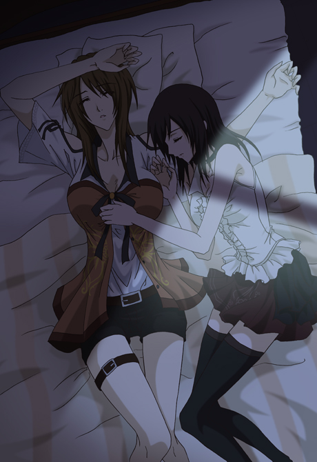 2girls black_hair brown_eyes brown_hair character_request fatal_frame fatal_frame_5 gke1avg kozukata_yuuri long_hair lying multiple_girls on_side short_shorts shorts thigh_strap