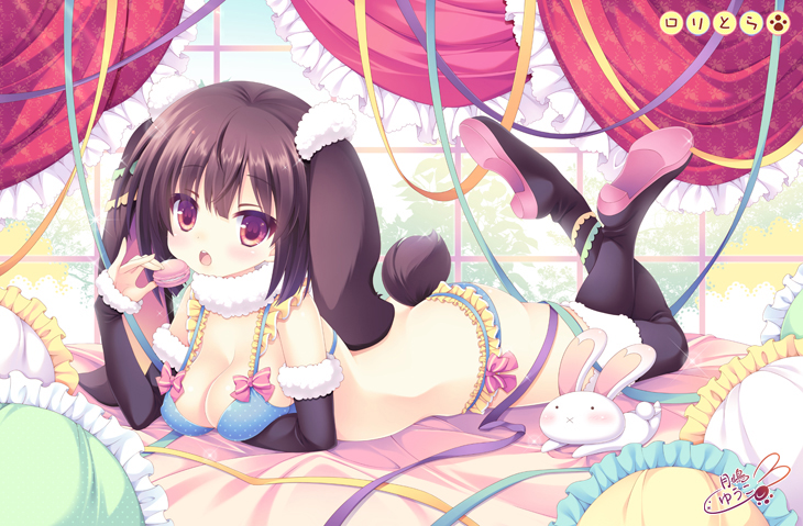 1girl animal_ears bed bra brown_eyes brown_hair bunny_tail cookie food holding looking_at_viewer lying navel on_stomach open_mouth original panties polka_dot polka_dot_bra polka_dot_panties rabbit rabbit_ears ribbon tail tsukishima_yuuko underwear