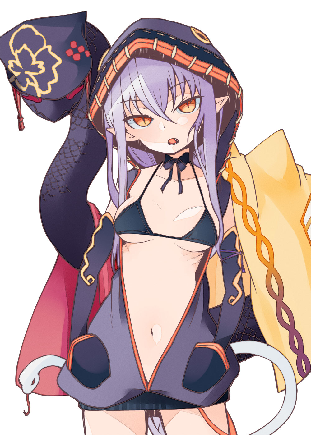 1girl animal_hood bikini bikini_top black_bikini black_gloves breasts choker cowboy_shot elbow_gloves fang gloves hair_between_eyes hands_in_pockets highres hood hooded_jacket hoodie navel open_mouth payot pointy_ears purple_hair ribbon_choker sengoku_bushouki_muramasa simple_background sleeveless_hoodie slit_pupils snake snake_tail solo sweater_dress swimsuit tsukasa_takashi unzipped white_background yellow_eyes