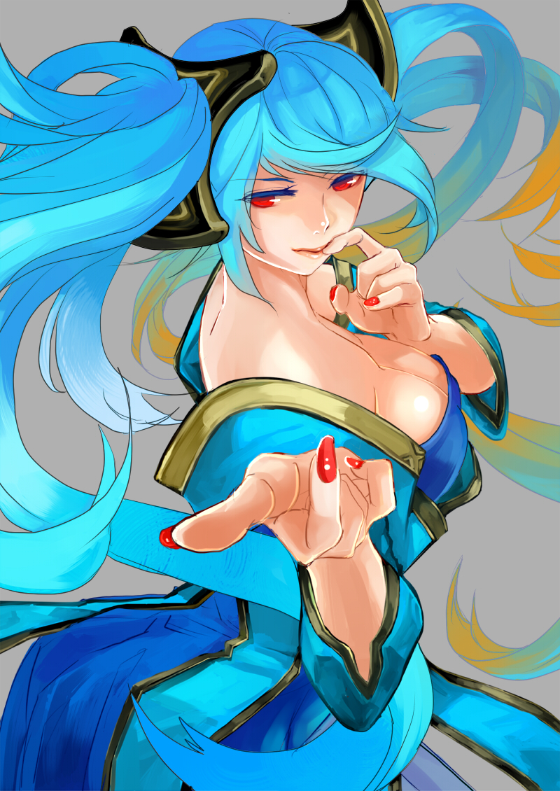 artist_request blue_hair finger_to_mouth league_of_legends red_eyes sona_buvelle twintails