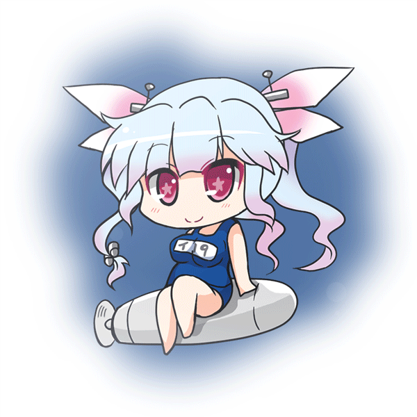 1girl animated animated_gif chibi hair_ornament hair_ribbon i-19_(kantai_collection) kantai_collection looking_at_viewer name_tag noai_nioshi red_eyes ribbon riding school_swimsuit silver_hair sitting smile solo swimsuit torpedo twintails