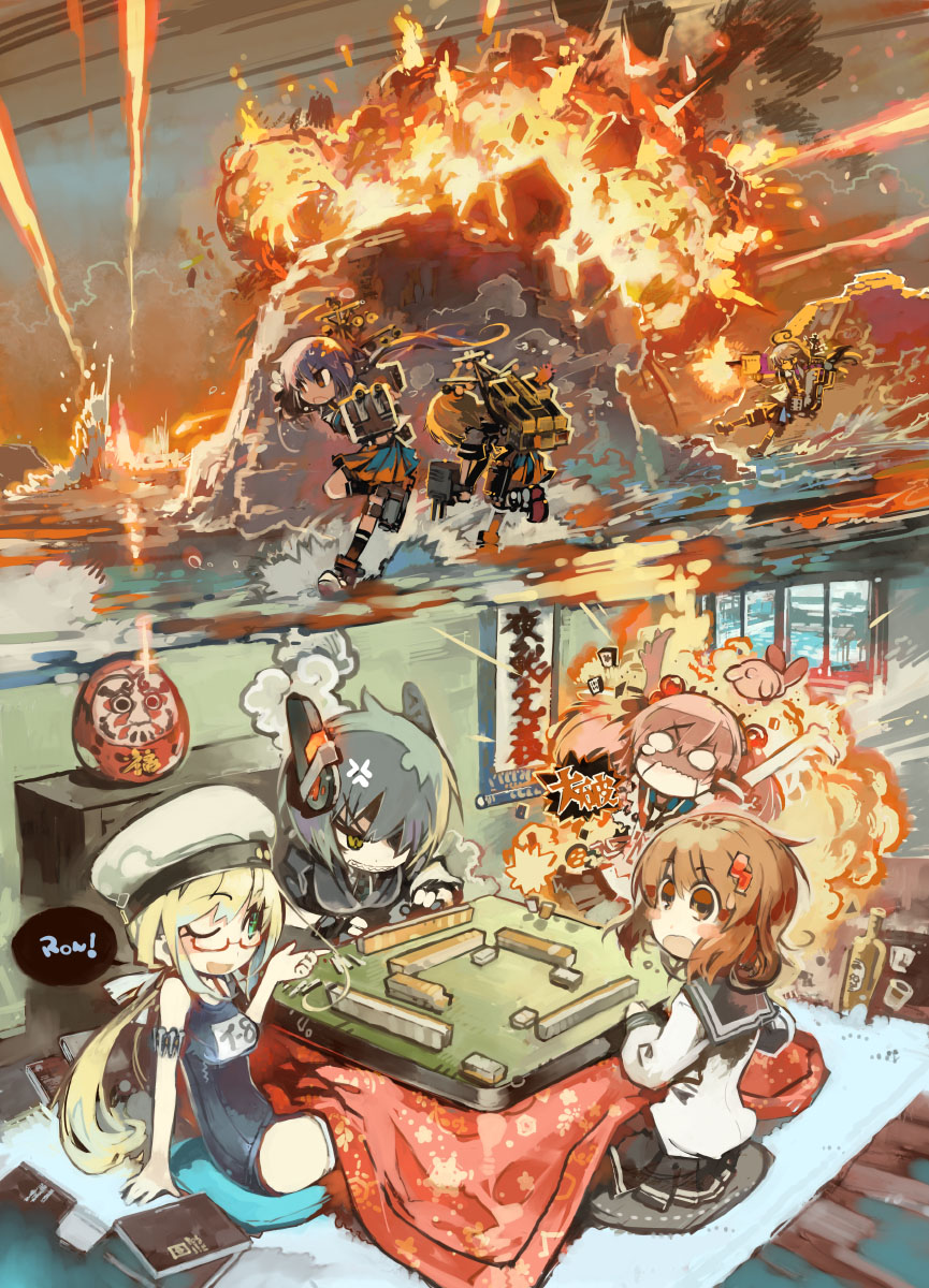 6+girls akebono_(kantai_collection) anger_vein angry battle black_hair blush_stickers board_game book brown_hair cardigan explosion eyepatch fire flower glasses hair_flower hair_ornament hairclip hat highres i-8_(kantai_collection) ikazuchi_(kantai_collection) kantai_collection konno_takashi_(frontier_pub) kotatsu long_hair long_sleeves low_twintails machinery mahjong multiple_girls neckerchief oboro_(kantai_collection) one_eye_closed open_mouth pink_hair pleated_skirt ponytail purple_hair rabbit red-framed_glasses sailor_collar sailor_hat sazanami_(kantai_collection) school_swimsuit school_uniform serafuku short_hair side_ponytail skirt swimsuit table tenryuu_(kantai_collection) twintails ushio_(kantai_collection)