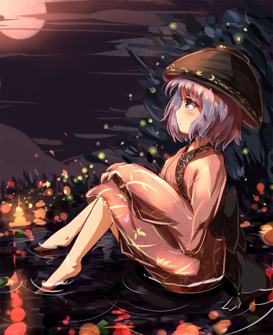 1girl barefoot bowl clouds crying crying_with_eyes_open fireflies full_moon hands_on_knees hat japanese_clothes kimono knees_up kotou_(ko-tou) long_sleeves moon night night_sky obi purple_hair red_eyes ripples sash short_hair sitting sky soaking_feet solo sukuna_shinmyoumaru tears touhou water wide_sleeves
