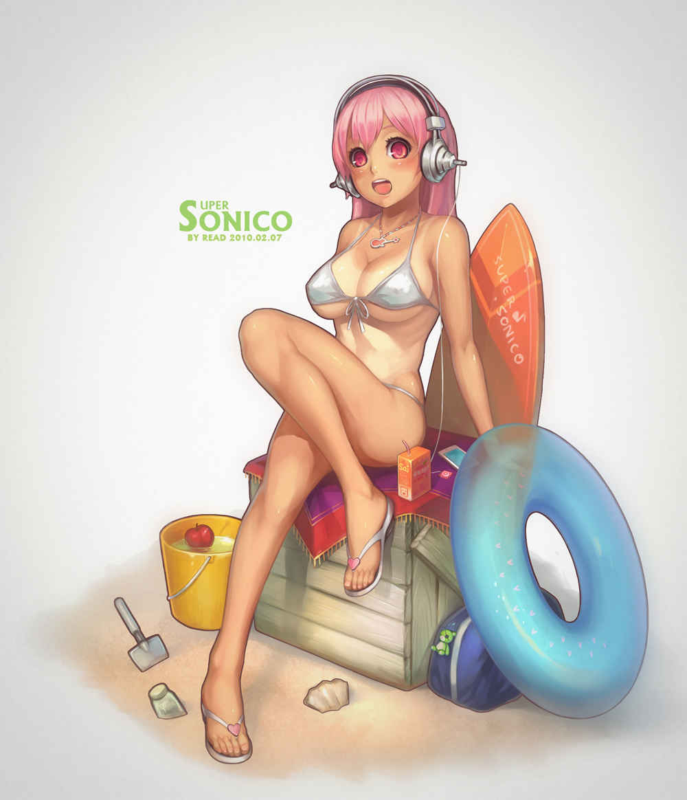1girl 2010 artist_name bikini breasts character_name cleavage dated headphones heart heart-shaped_pupils large_breasts long_hair looking_at_viewer navel nitroplus open_mouth pink_eyes pink_hair red_eyes shouai smile solo super_sonico swimsuit symbol-shaped_pupils tan tanline white_bikini white_swimsuit