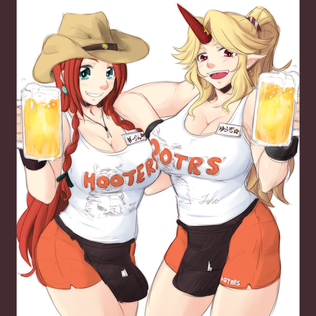 2girls alcohol apron beer beer_mug blonde_hair bracelet braid breasts cleavage clothes_writing cowboy_hat cowboy_shot earrings employee_uniform grin hat hong_meiling hooters horn hoshiguma_yuugi jewelry large_breasts leaning_on_person long_hair multiple_girls name_tag neko_majin pointy_ears ponytail red_eyes redhead scrunchie short_shorts shorts smile tank_top touhou twin_braids uniform waist_apron waitress