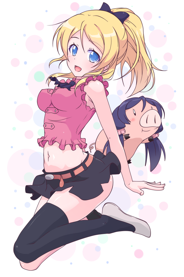 1girl :d animal animalization ayase_eli black_legwear blonde_hair blue_eyes blush bow breasts hair_bow impossible_clothes k10k looking_at_viewer love_live!_school_idol_project midriff navel open_mouth pig ponytail purple_hair single_thighhigh skirt sleeveless smile solo thigh-highs toujou_nozomi