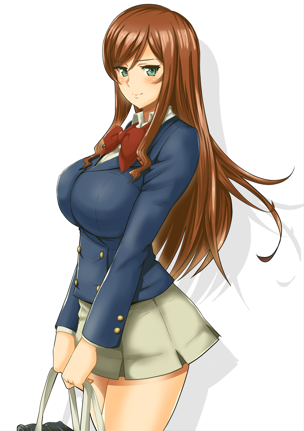 1girl bag blazer blush bow breasts brown_hair green_eyes gundam gundam_build_fighters gundam_build_fighters_try highres kamiki_mirai large_breasts long_hair looking_at_viewer sakamoto_(shouten) school_bag school_uniform shadow simple_background skirt smile solo white_background