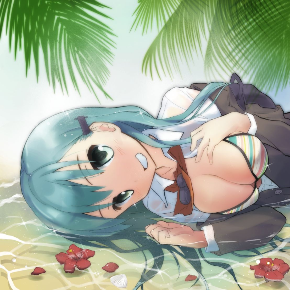 1girl anshinmama aqua_hair bikini breasts bust cleavage clenched_hand collared_shirt flower green_eyes grin hair_ornament hairclip hand_on_own_chest hibiscus kantai_collection large_breasts long_hair lying lying_on_water on_side open_clothes open_shirt palm_tree partially_submerged petals shirt smile solo sparkle striped striped_bikini striped_swimsuit suzuya_(kantai_collection) swimsuit tree uniform water wet wet_clothes wet_hair wet_shirt white_shirt