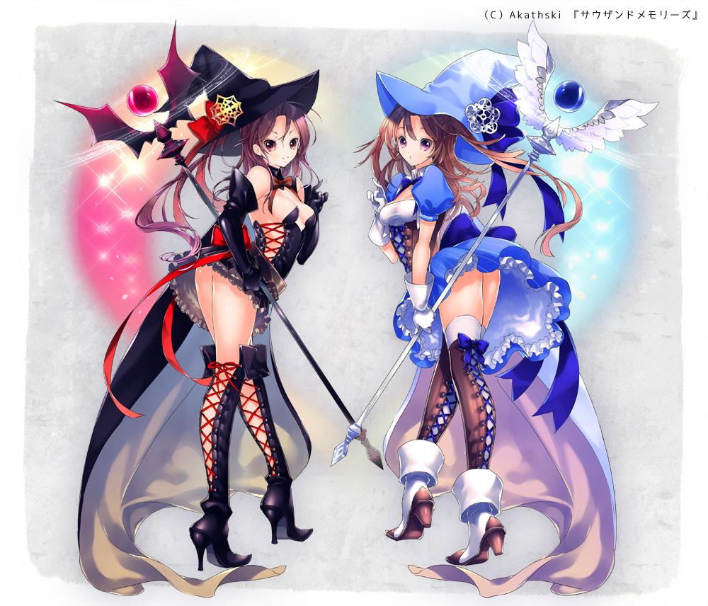 2girls bare_shoulders black_gloves boots breasts brown_eyes brown_hair cross-laced_footwear elbow_gloves full_body gloves goroo hat high_heels knee_boots long_hair looking_at_viewer multiple_girls official_art skirt sparkle staff standing thousand_memories violet_eyes white_gloves witch_hat