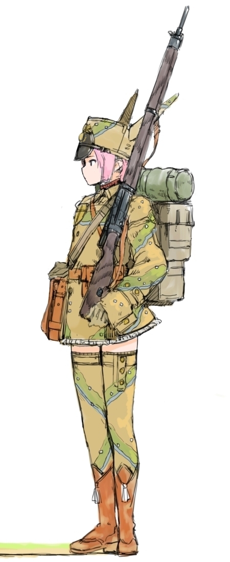 1girl animal_hat backpack bag black_eyes boots brown_boots camouflage coh dress france frilled_dress frills full_body gloves green_gloves green_legwear gun hat long_sleeves mars_expedition military military_uniform pink_hair profile rifle short_hair simple_background solo strap thigh-highs uniform weapon weapon_request white_background zettai_ryouiki