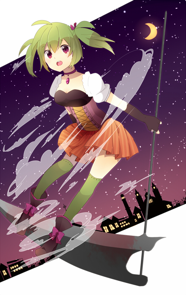 1girl ahoge black_gloves choker elbow_gloves fingerless_gloves gloves green_hair green_legwear holding leaning_forward looking_at_viewer natsume3304 open_mouth original scythe shoes solo thigh-highs twintails violet_eyes