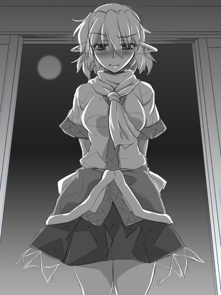 1girl arms_behind_back blush breasts downcast_eyes full_moon greyscale mizuhashi_parsee monochrome moon ootsuki_wataru pointy_ears scarf short_hair skirt solo standing touhou window