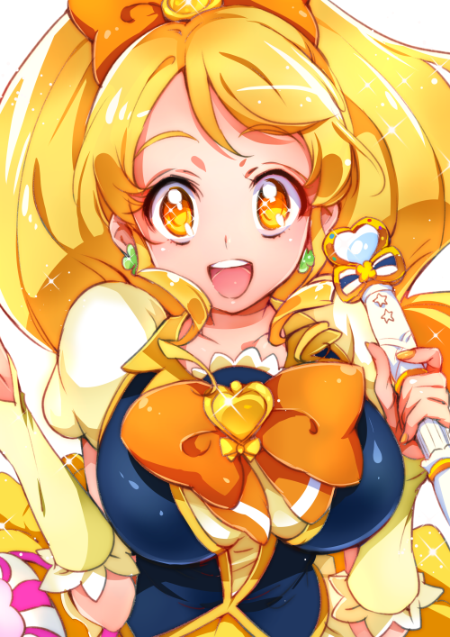 1girl :d blonde_hair bowtie breasts brooch chiyo_(rotsurechiriha) cure_honey happinesscharge_precure! happy jewelry large_breasts long_hair magical_girl oomori_yuuko open_mouth precure smile solo wand wrist_cuffs yellow_eyes