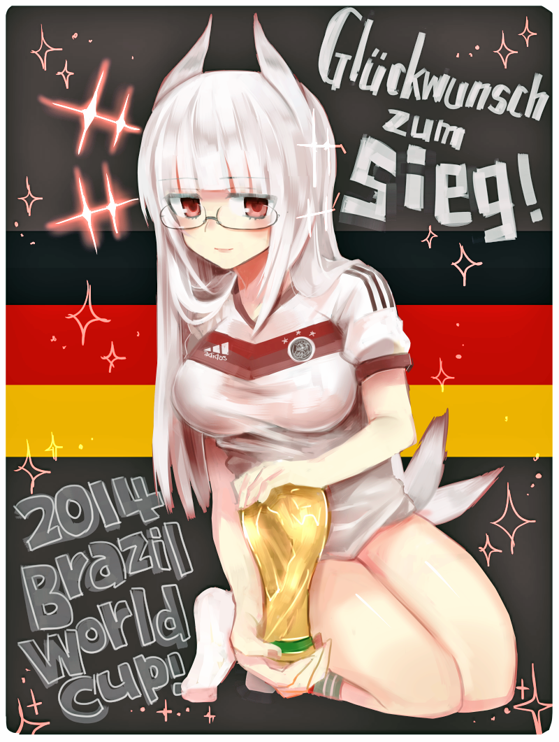 1girl 2014_fifa_world_cup adidas alternate_costume animal_ears bangs black-framed_glasses blunt_bangs blush breasts fifa_world_cup_trophy german german_flag glasses heidimarie_w_schnaufer hirschgeweih_antennas kneeling long_hair red_eyes semi-rimless_glasses soccer_uniform socks solo sportswear strike_witches tail under-rim_glasses white_hair world_cup yukko